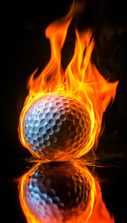 Flaming Golf Ball Golf Ball Engulfed in Vibrant Flames on a Reflective Black Background.の素材