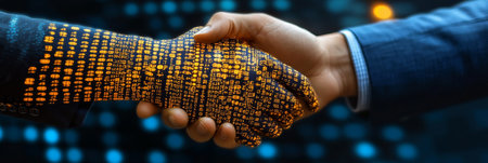 Human Hand And Digital Hand Shaking Symbolizing Collaboration Between Business And AI Technologyの素材