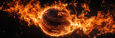 Fiery Fastball A Baseball Engulfed in Intense Orange and Red Flames, Isolated on Blackの素材