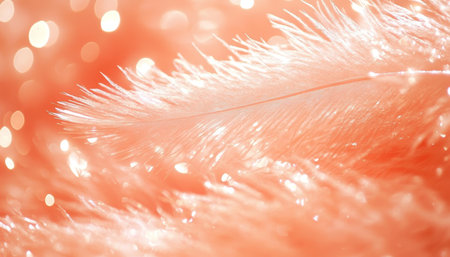 Soft Focus Delicate Whispy White Feathers with Pastel Pink Orange Background and Shimmering Sparklesの素材