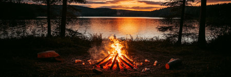 Tranquil Sunset Bonfire Serene Evening Ambiance by the Lake with a Cozy Glowing Campfireの素材