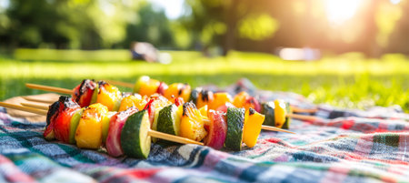 Colorful Fruit Skewers on a Picnic Blanket Perfect for Summer Eating in a Scenic parkの素材