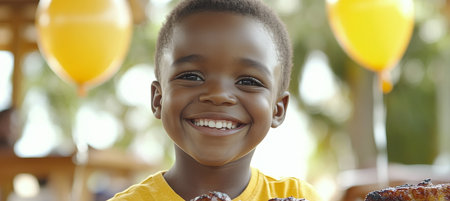 Young Boy With a Big Smile Enjoys Birthday Barbecue Underneath Balloons, Celebrating Summertime Funの素材