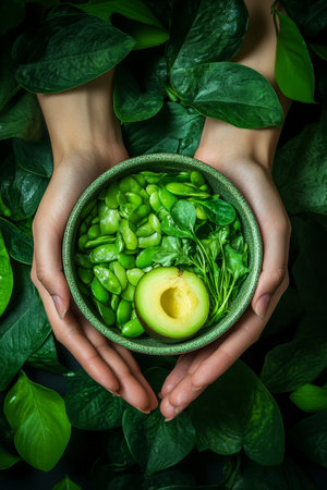 Hands Holding Bowl of Fresh Vegan Salad, Avocado, Green Vegetables on Tropical Leavesの素材