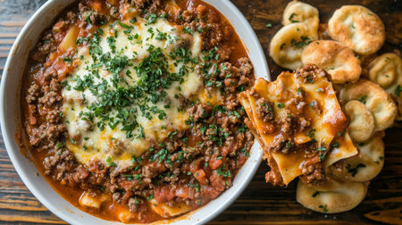 Classic Lasagna Dip With Melted Cheese, Parsley Garnish, Comfort Food Served With Garlic Breadの素材