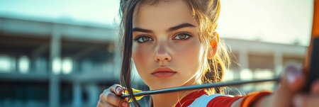 Determined Young Archer With Bow and Arrow Aims For The Target At Archery Competition, Close Upの素材