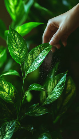 Close-Up Hand Gently Tending to Vibrant Indoor Plant, Home Gardening and Plant Care Conceptの素材