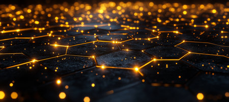 Black Abstract Hexagonal Shapes with Glowing Light Trails. Dark Technology Background.の素材