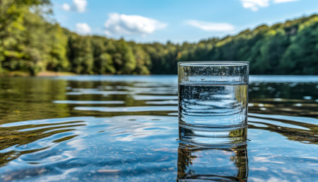Glass of Fresh Water Reflecting Nature with Ripples on the Lake s Edge, Concept of Purity.の素材