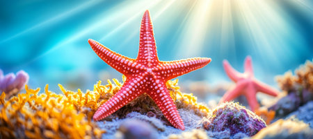 Vibrant Starfish Shines Underwater in Colorful Coral Reef, Underwater Scene, Ocean Life Conceptの素材