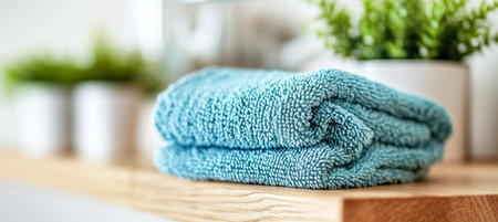 Folded Blue Towel Soft blue towel on wooden shelf, bathroom background with plants, spa concept.の素材