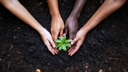 Diverse Hands Nurturing a Young Plant Symbolizing Diversity, Environmentalism, and Growth.の素材