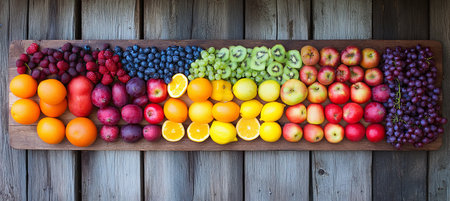 Vibrant Fruit Rainbow A Colorful Assortment of Fresh Fruits Arranged on Rustic Wood Backgroundの素材