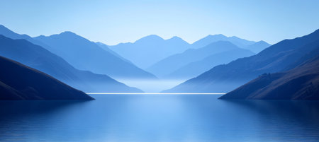Serene Blue Lake, Misty Mountains, and Tranquil Waters A Dreamy Landscape with Copy Spaceの素材