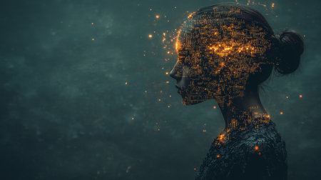 Digital Consciousness. Woman Profile With Glowing Brain. Artificial Intelligence Concept.の素材