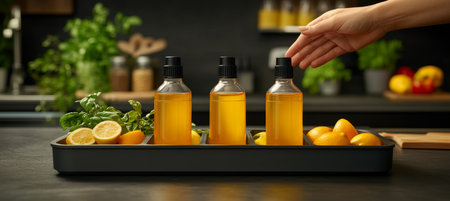 Hand Reaching for Cleaning Solution Caddy with Bottles and Lemons in a Kitchen Settingの素材