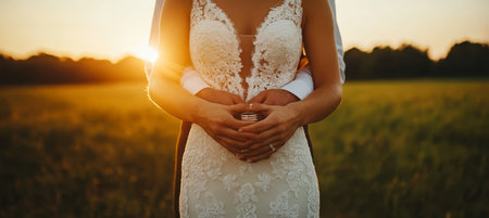 Golden Hour Embrace Close-Up of Wedding Rings as Bride and Groom Share a Tender Moment in a Field.の素材
