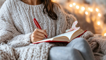 Cozy Evening Woman Journaling in Warm Light with Blanket, Perfect for Self-Care Contentの素材