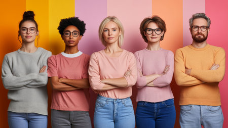 Diverse Group Of Happy Friends Standing Together On A Colorful Background. Unity, Teamwork Concept.の素材