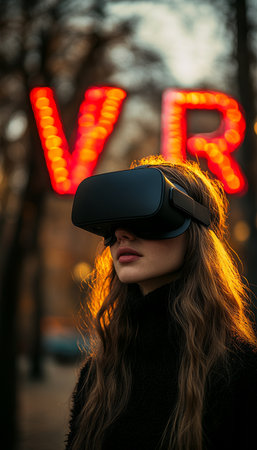 Young Woman Exploring Virtual Reality, Immersed in the Digital World with Neon Lightsの素材