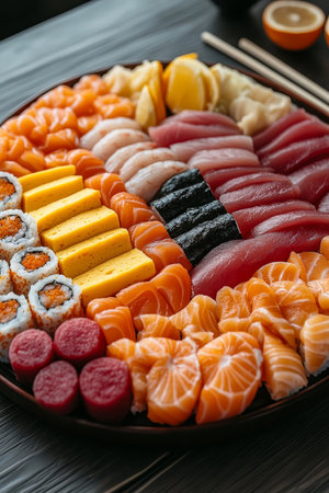 Delicious Assortment of Fresh Nigiri, Sashimi, and Maki Sushi on a Platter, Japanese Cuisineの素材