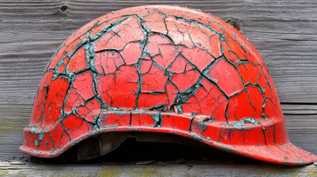 Old, Damaged Hard Hat With Crackled Red Paint, Representing Workplace Safety Hazards.の素材