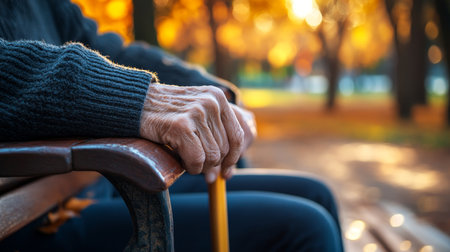Aging, Autumn Park Stroll, Hands On Cane, Senior Citizen Rests, Reflection With Walking Stick.の素材