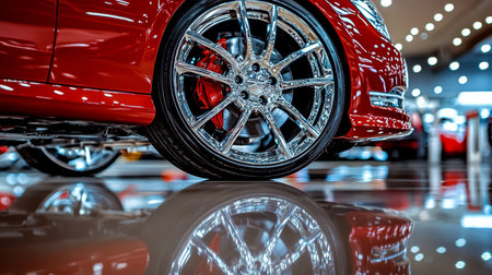 Luxury Car Wheel, Showroom Lighting Reflecting Off Shiny Surfaces, Background Softly Blurredの素材