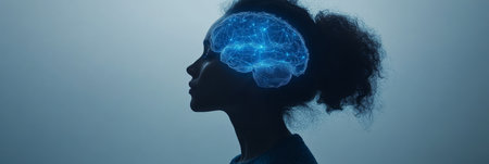 Silhouette of a Person with a Glowing Brain, Neural Network Visualization, Cognitive Processesの素材