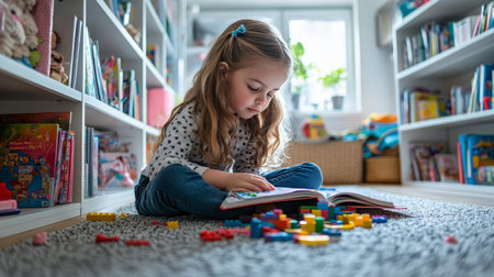 Little Girl Engrossed in Books and Building Blocks, Surrounded by Toys in a Cozy Playroomの素材