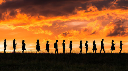 Silhouettes Of Diverse People Standing In Line Against A Vibrant Sunset Sky Formation.の素材
