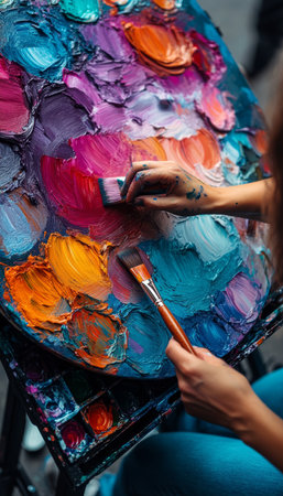 Artist s Vibrant Palette A Kaleidoscope of Oil Colors and Textured Brushstrokes, Abstract Artの素材