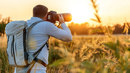 Male Photographer Frames Stunning Sunset Shot With Telephoto Lens, Backpack And Nature Backgroundの素材