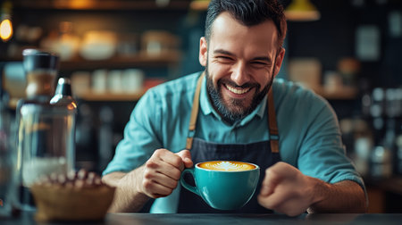 Smiling Barista Proudly Presents a Perfectly Crafted Latte Coffee in a Cozy Cafe Settingの素材