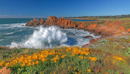 Rugged Coastal Cliffs, Ocean Waves, and Spring Wildflowers in Bloom Under Clear Blue Skiesの素材