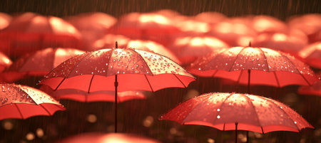 Sea of Red Umbrellas Under a Rainy Night, Safety and Protection Concept, Blurred Backgroundの素材