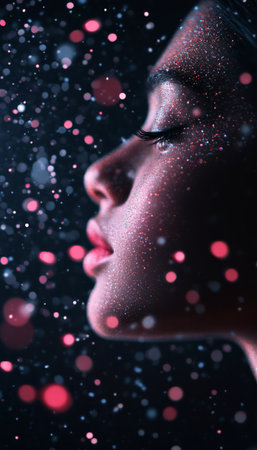 Digital Beauty Woman s Profile Surrounded by Particles, Deep Shadows, Artistic Portrait.の素材