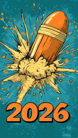 Comic Book Style Illustration, Year 2026 With Orange Bullet, Explosion, and Vibrant Colorsの素材
