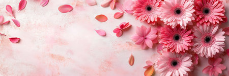 Pink Gerbera Daisies on Rustic Pink Texture, Flowers Composition, Top View, Spring Backgroundの素材