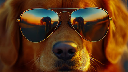 Golden Retriever with Oversized Mirrored Aviators A Close-Up Portrait Against a Vibrant Sunsetの素材
