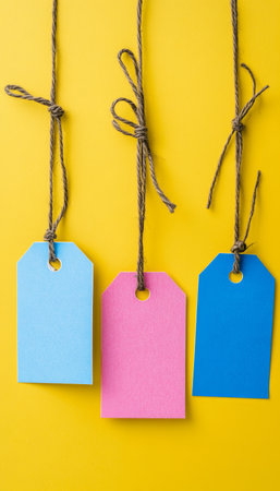 Vibrant Retail Tags, Hanging Price Labels on Yellow Background, Sale and Promotion Conceptの素材