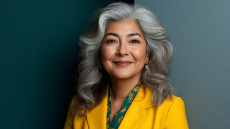 Portrait of a Confident Mature Woman with Gray Hair Smiling Against a Colorful Backgroundの素材