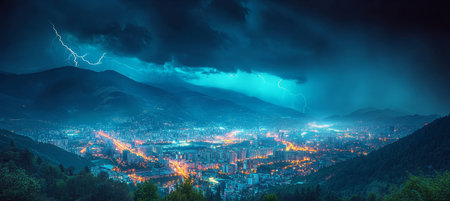 Lightning Storm Over Cityscape at Night, Electrifying Meteorology, Dramatic Thunderstorm Photographyの素材