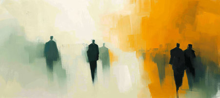 Abstract Human Figures, Silhouettes Walking into Blurred Bright Yellow Background, Minimalist Artの素材