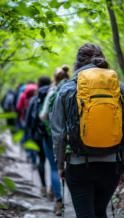 Group of friends hiking with backpacks on a trail through lush forest, enjoying adventureの素材