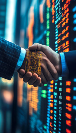 Tech-Driven Financial Success A Close-Up Handshake Symbolizes Collaboration, Data Analysisの素材
