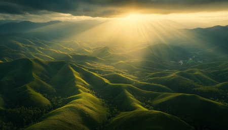 Green Rolling Hills Bathed in Golden Sunlight, Nature s Tranquility and Environmental Conservationの素材