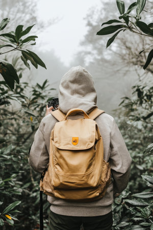 Photographer Exploring Lush Forest Trail with Backpack, Embracing Tranquility of Natureの素材