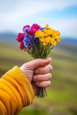 Hand Holding a Vibrant Wildflower Bouquet, Celebrating the Beauty of Springtime Natureの素材