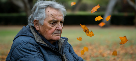 Autumn Contemplation Senior Man Reflects Amidst Falling Leaves in Serene Park Settingの素材